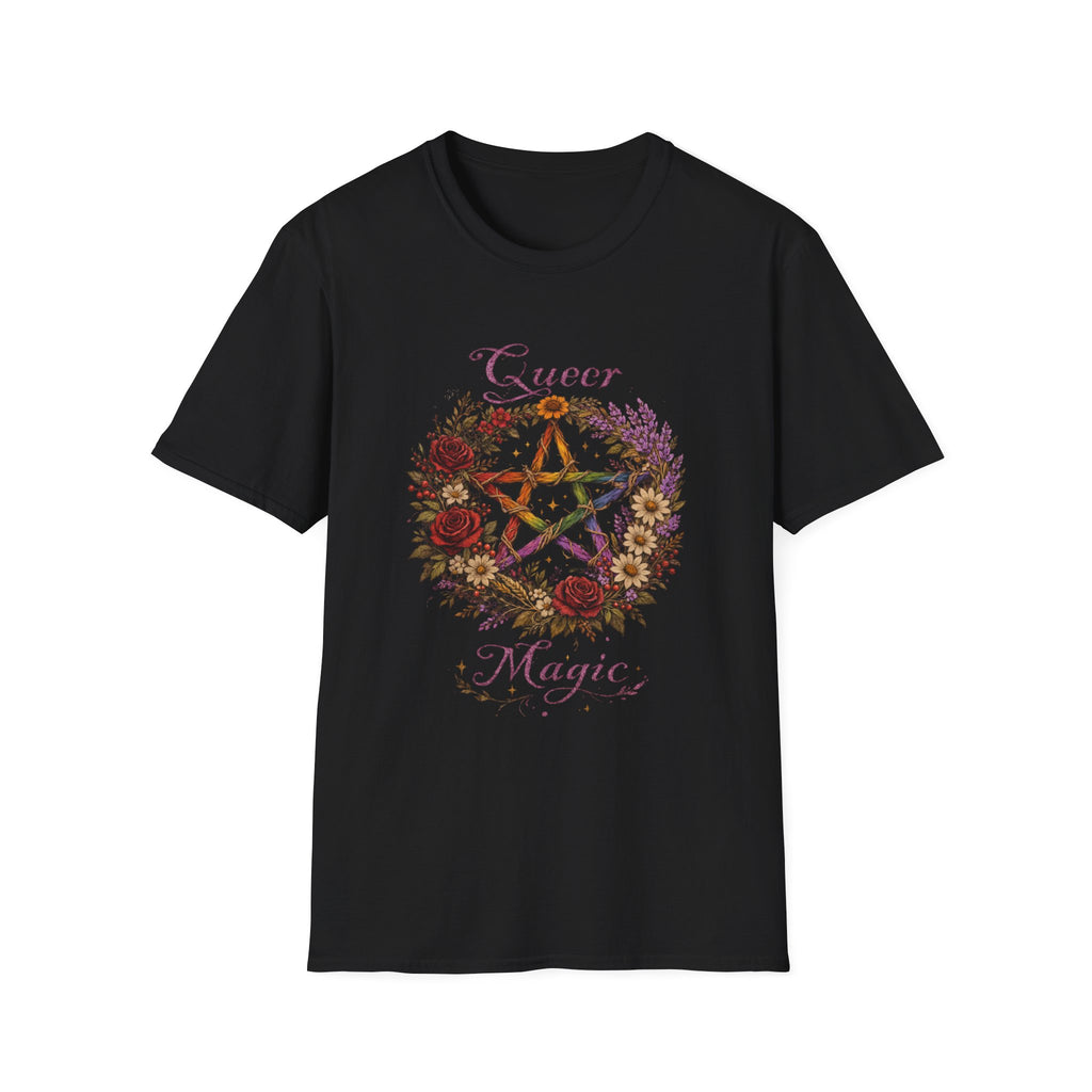 Queer Magic Pentagram T-Shirt | Floral Wreath, Rainbow Pentacle