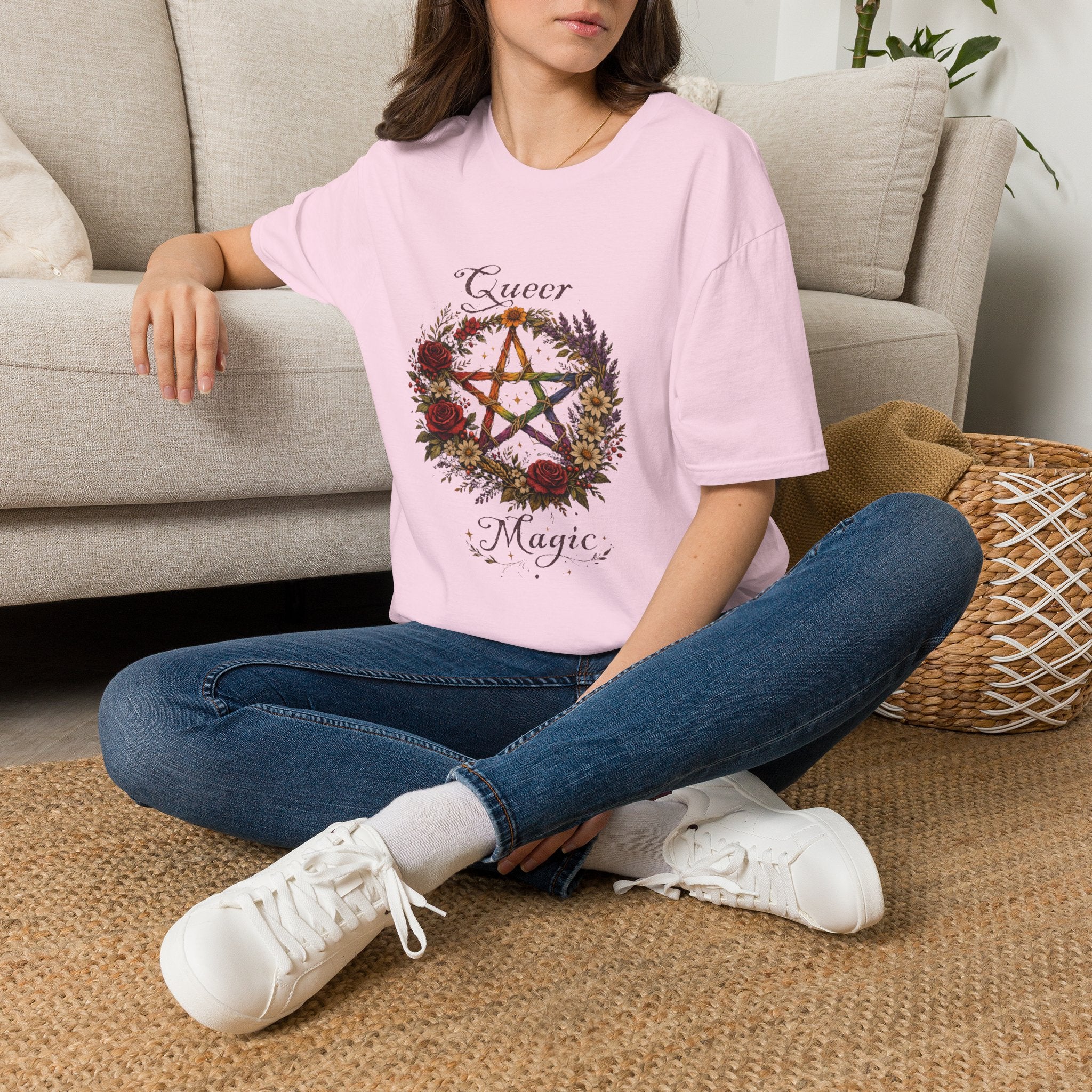 Queer Magic Pentagram T-Shirt | Floral Wreath, Rainbow Pentacle