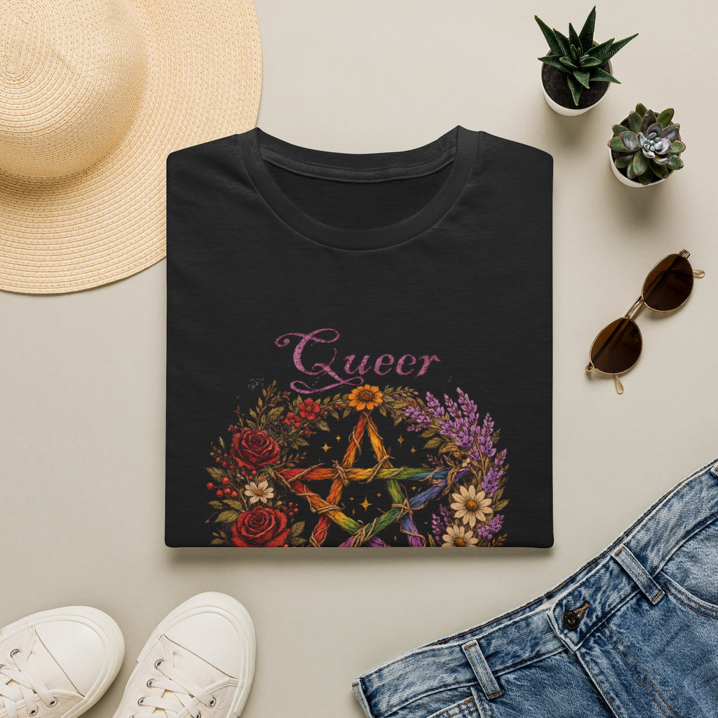 Queer Magic Pentagram T-Shirt | Floral Wreath, Rainbow Pentacle