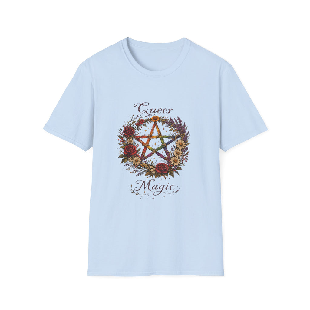 Queer Magic Pentagram T-Shirt | Floral Wreath, Rainbow Pentacle