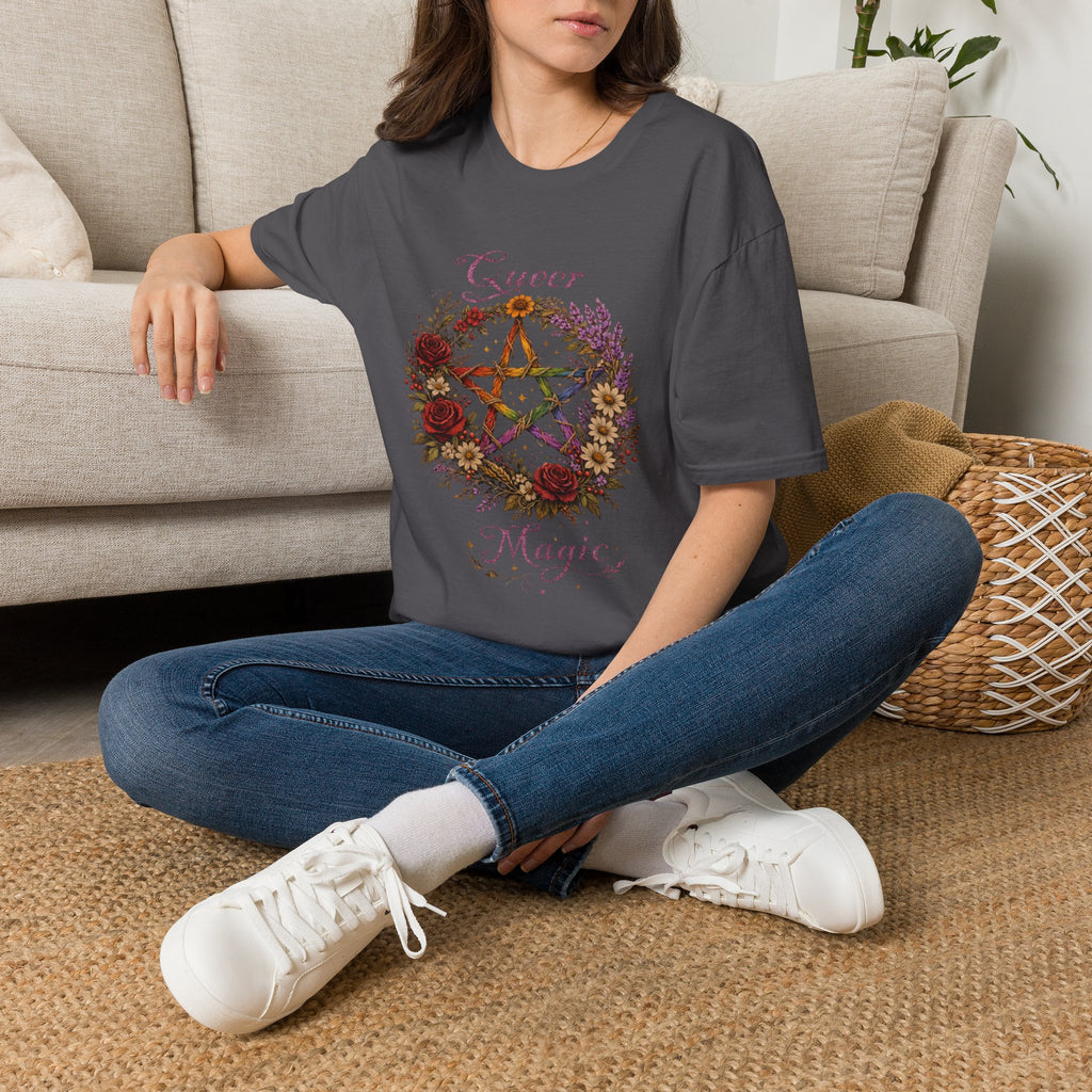 Queer Magic Pentagram T-Shirt | Floral Wreath, Rainbow Pentacle