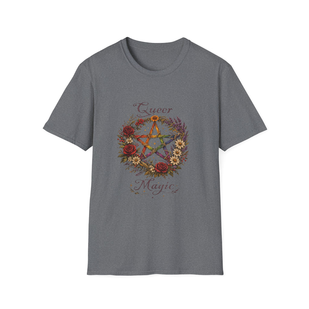 Queer Magic Pentagram T-Shirt | Floral Wreath, Rainbow Pentacle