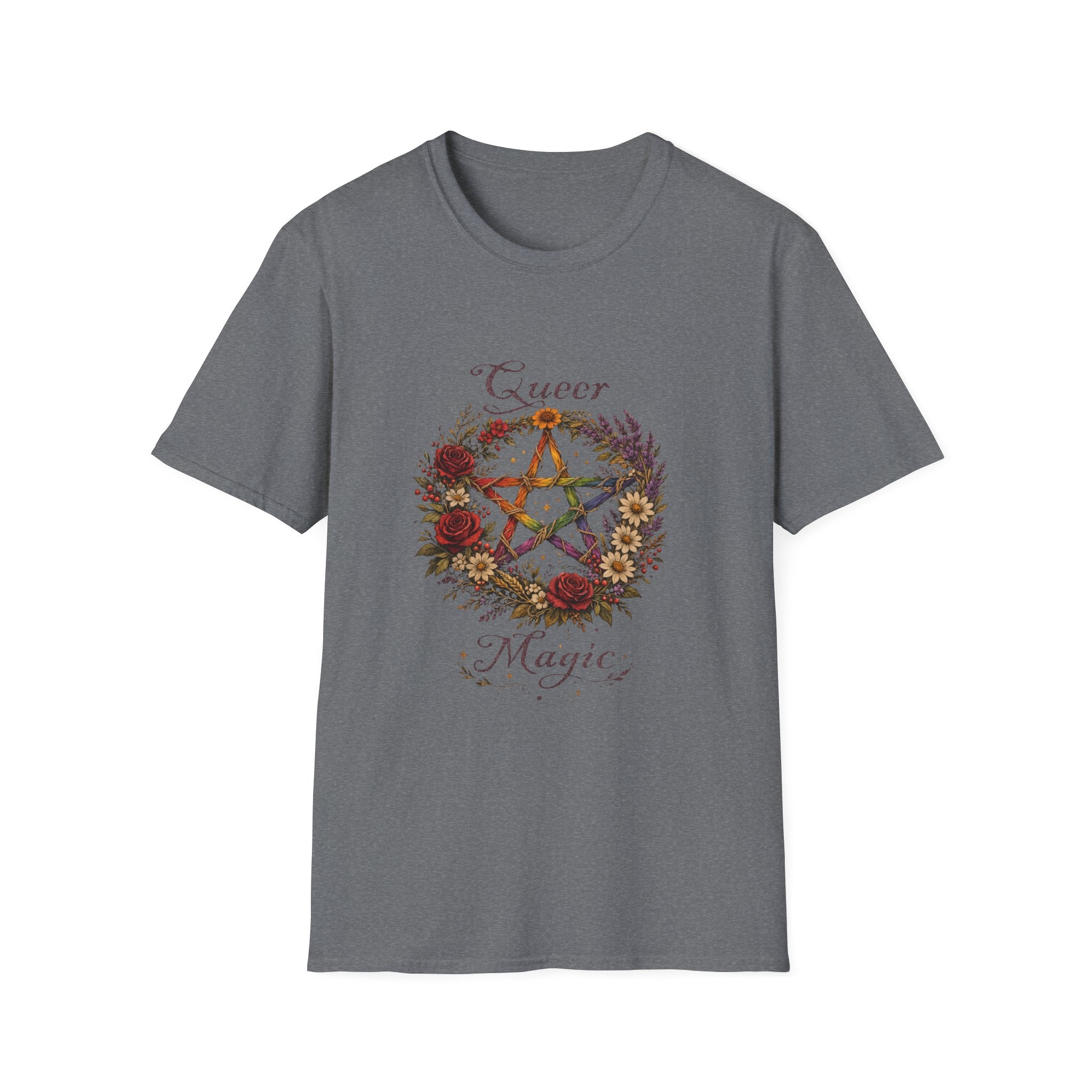 Queer Magic Pentagram T-Shirt | Floral Wreath, Rainbow Pentacle