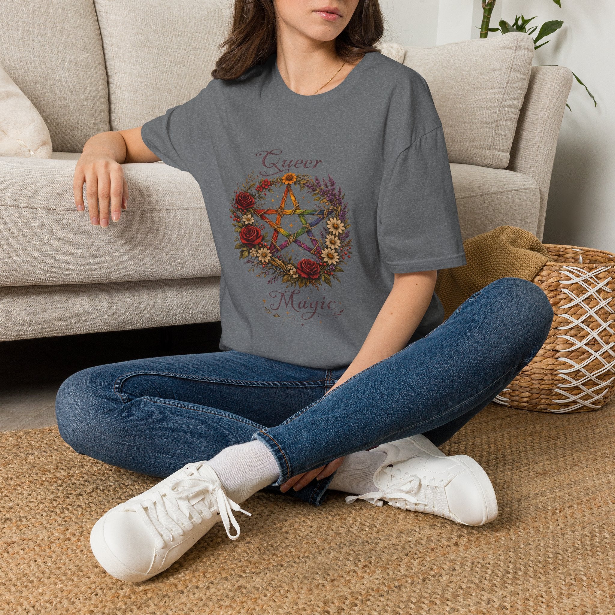 Queer Magic Pentagram T-Shirt | Floral Wreath, Rainbow Pentacle