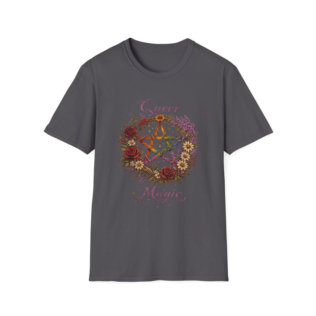 Queer Magic Pentagram T-Shirt | Floral Wreath, Rainbow Pentacle