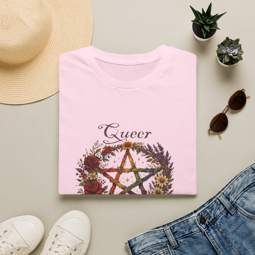 Queer Magic Pentagram T-Shirt | Floral Wreath, Rainbow Pentacle