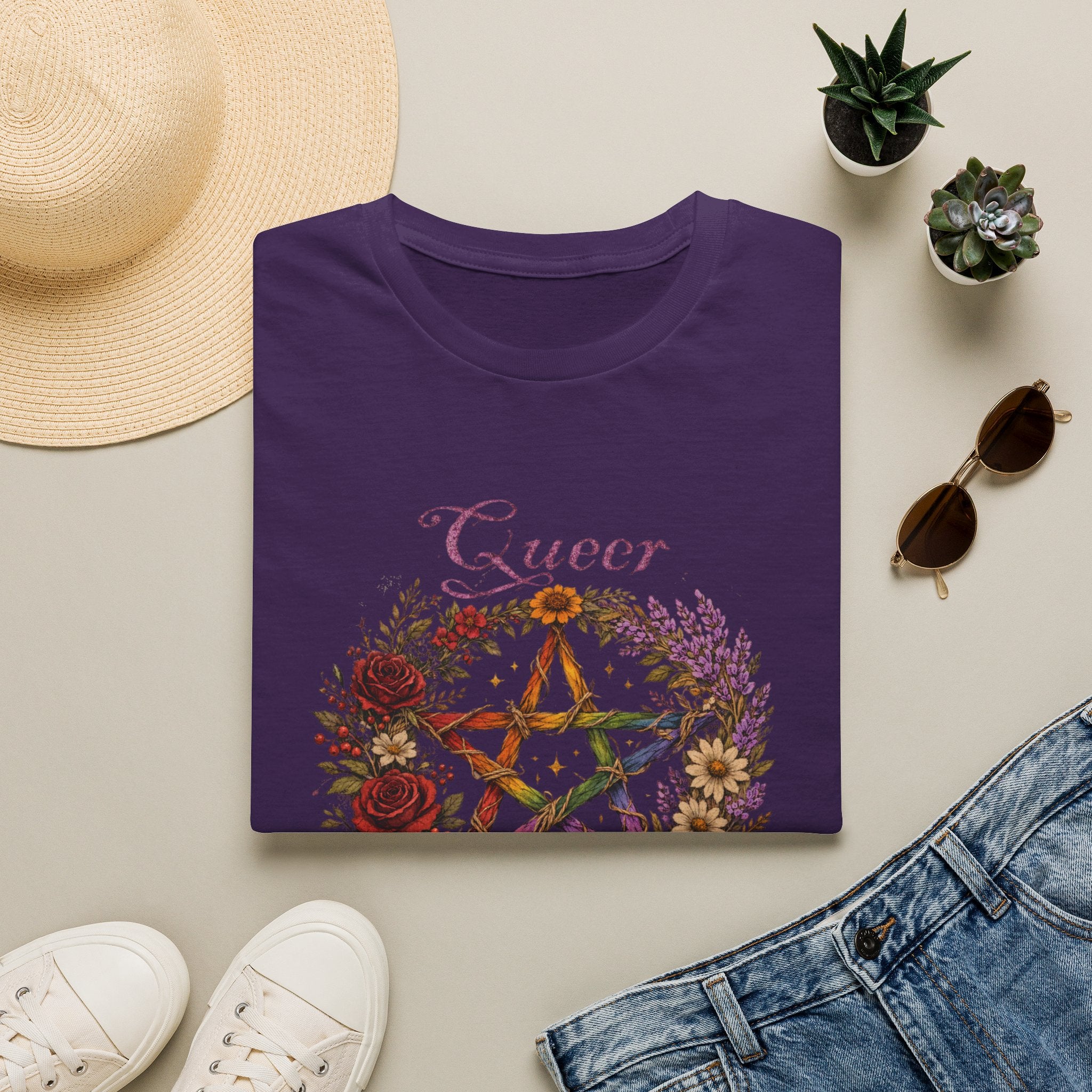 Queer Magic Pentagram T-Shirt | Floral Wreath, Rainbow Pentacle