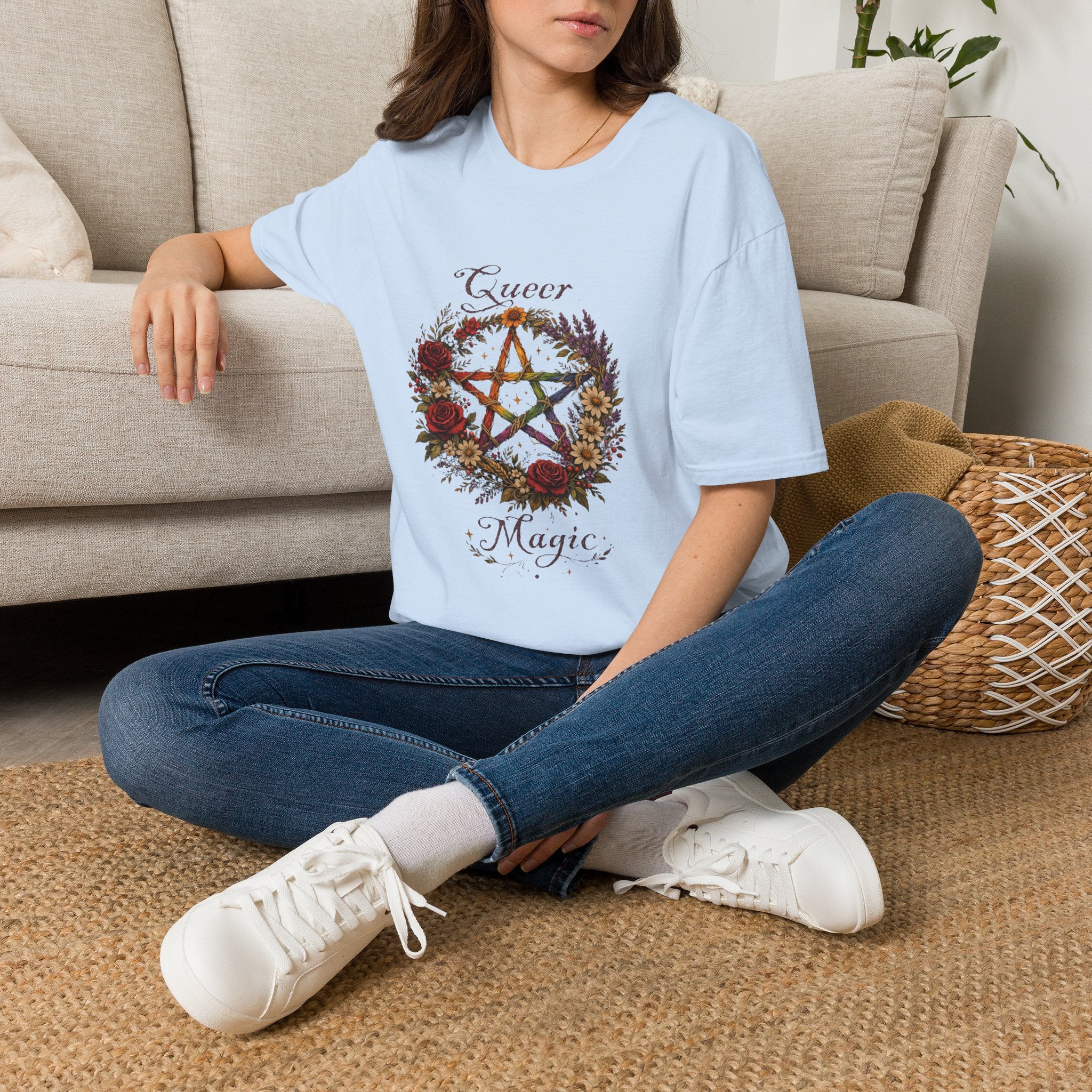 Queer Magic Pentagram T-Shirt | Floral Wreath, Rainbow Pentacle