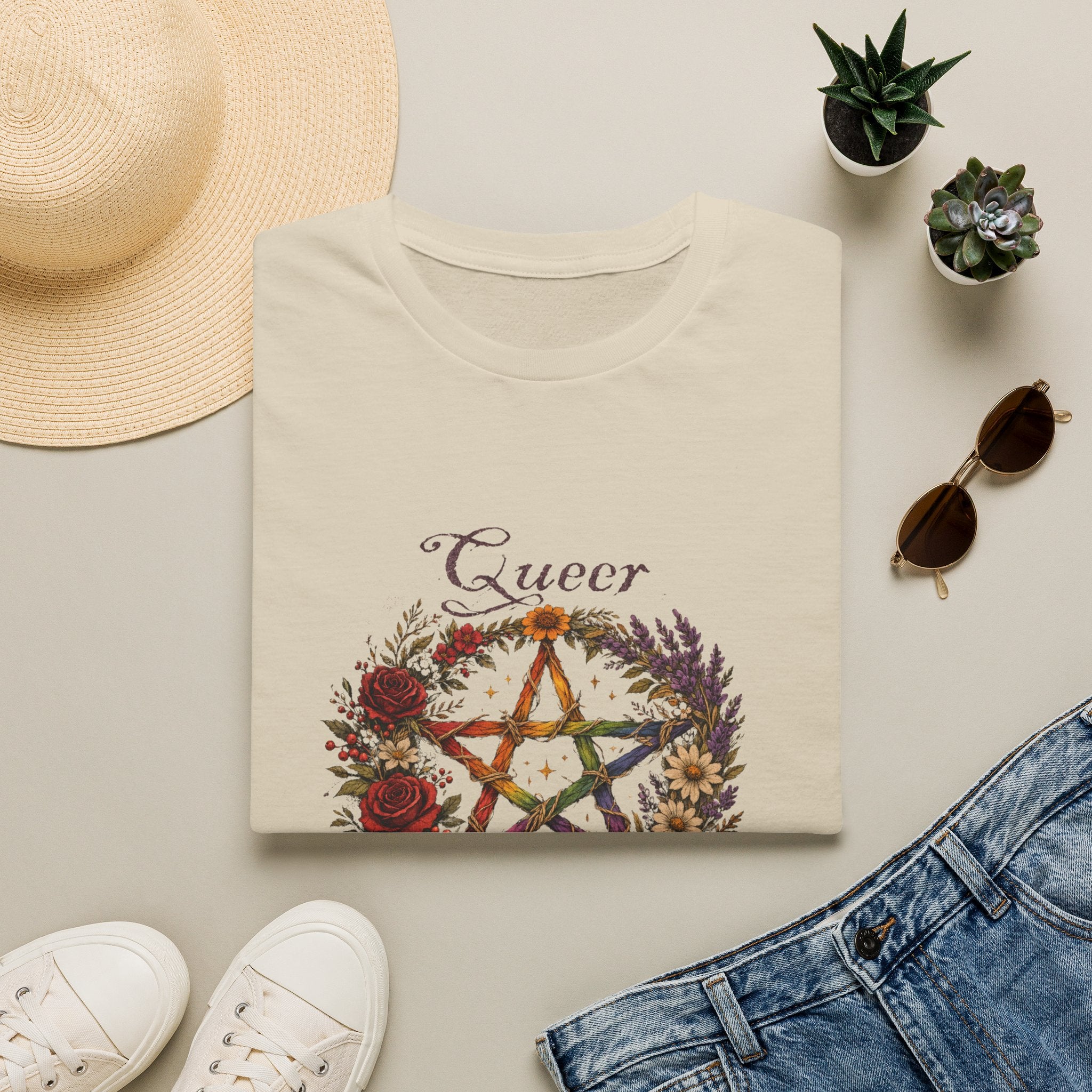 Queer Magic Pentagram T-Shirt | Floral Wreath, Rainbow Pentacle