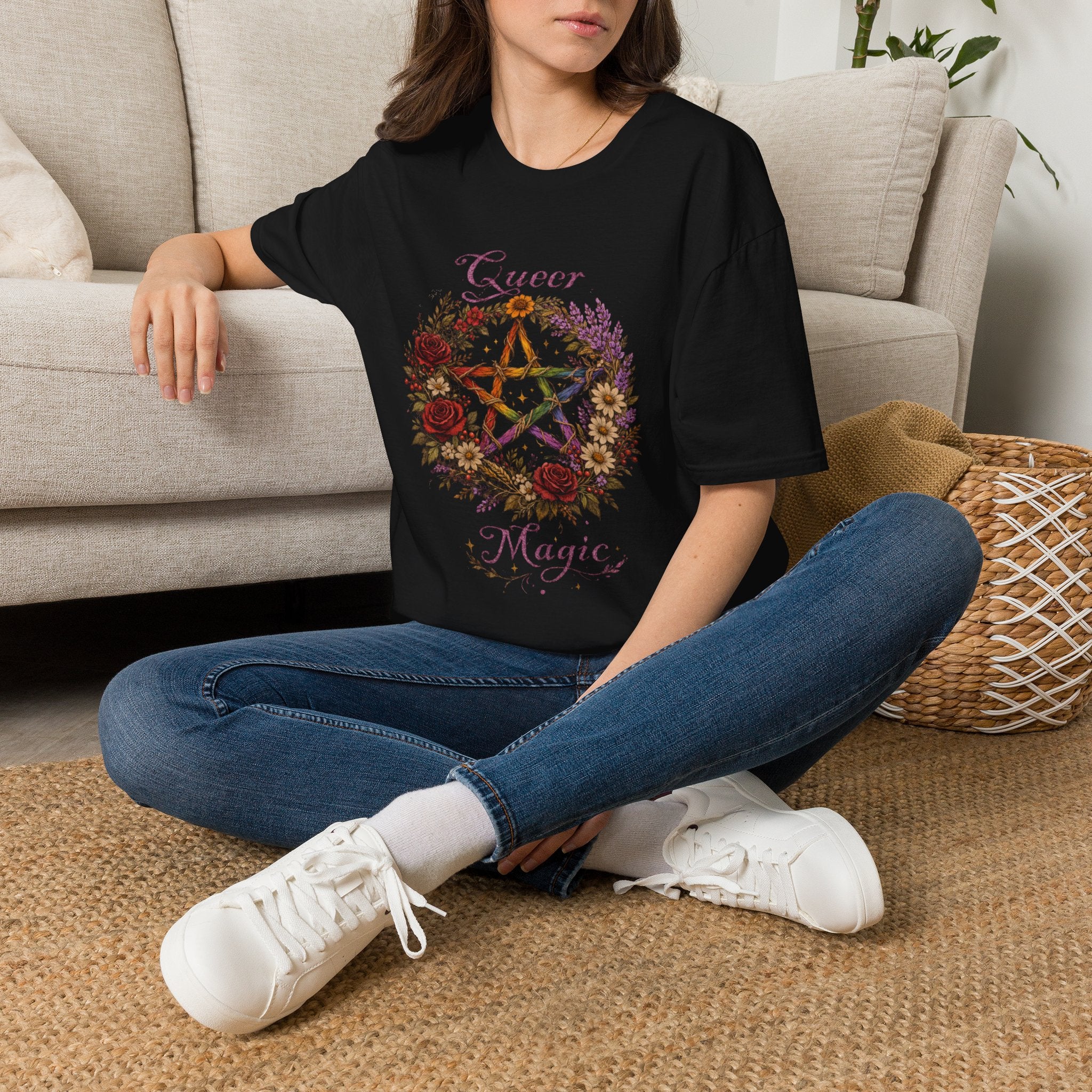 Queer Magic Pentagram T-Shirt | Floral Wreath, Rainbow Pentacle