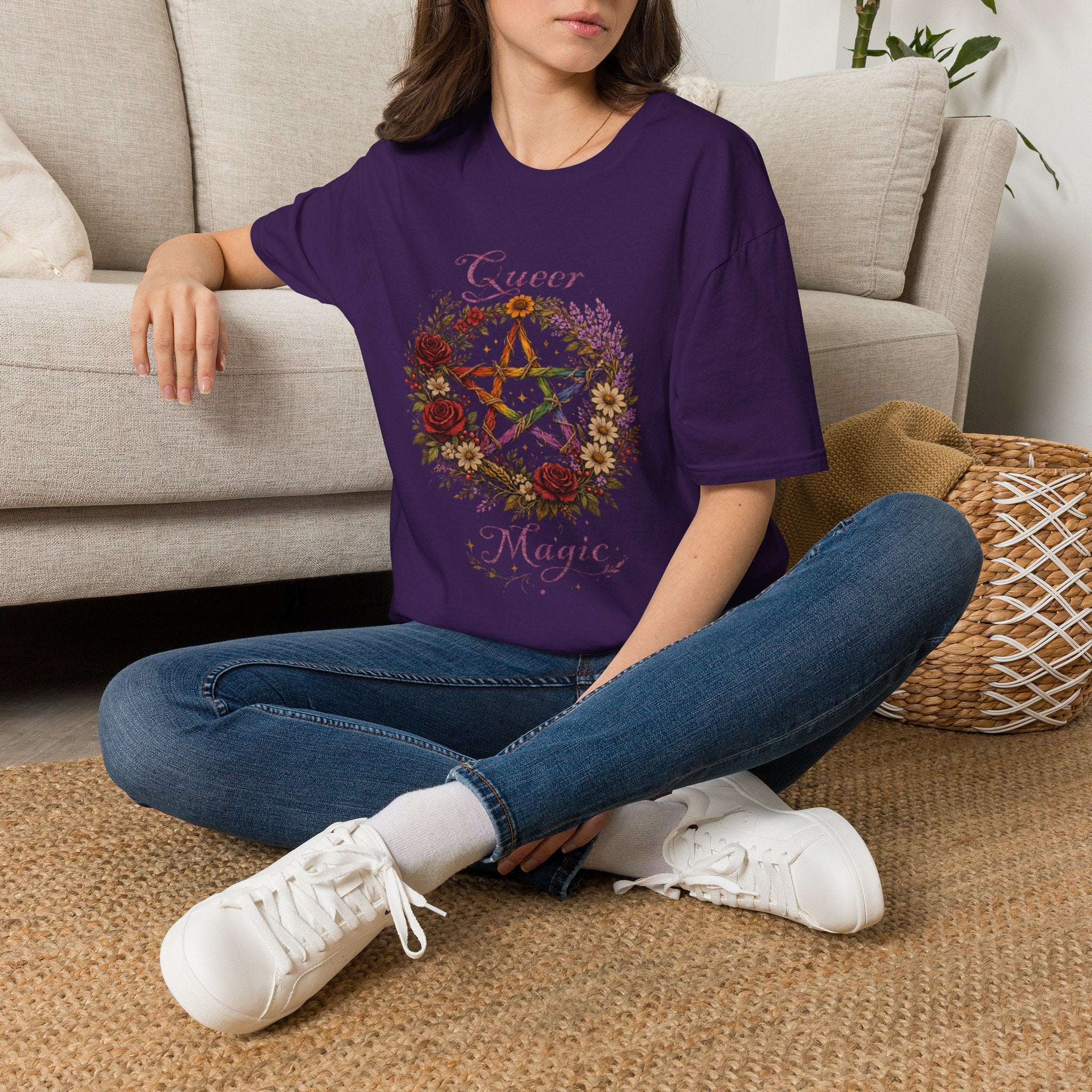 Queer Magic Pentagram T-Shirt | Floral Wreath, Rainbow Pentacle