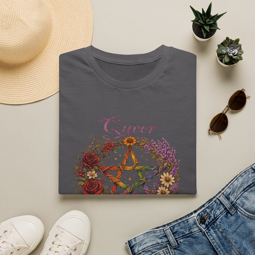 Queer Magic Pentagram T-Shirt | Floral Wreath, Rainbow Pentacle