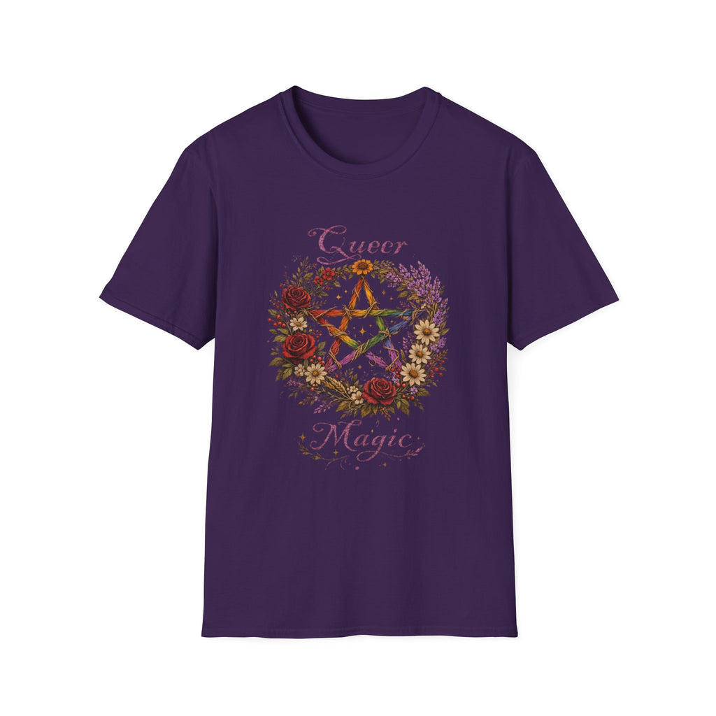 Queer Magic Pentagram T-Shirt | Floral Wreath, Rainbow Pentacle