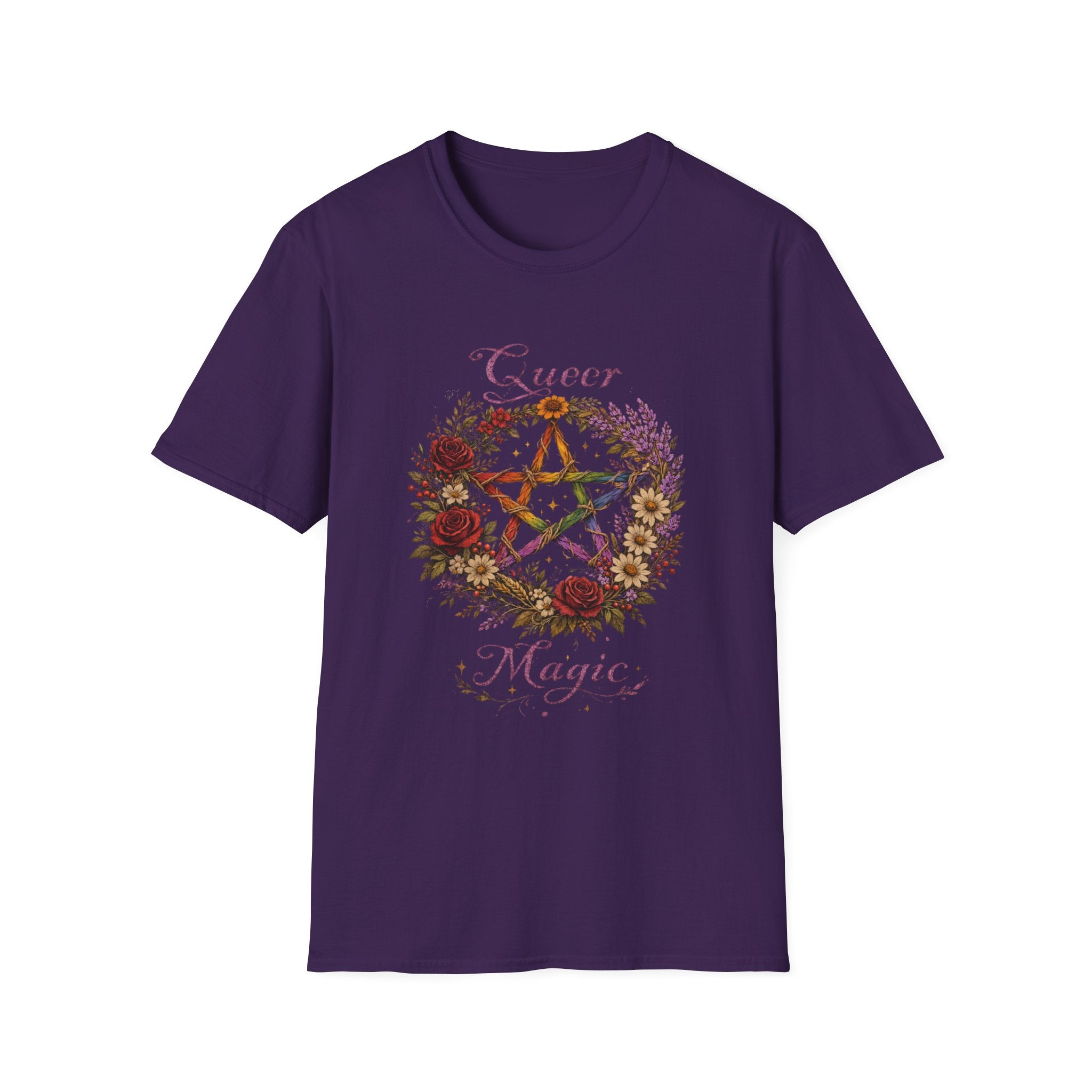 Queer Magic Pentagram T-Shirt | Floral Wreath, Rainbow Pentacle