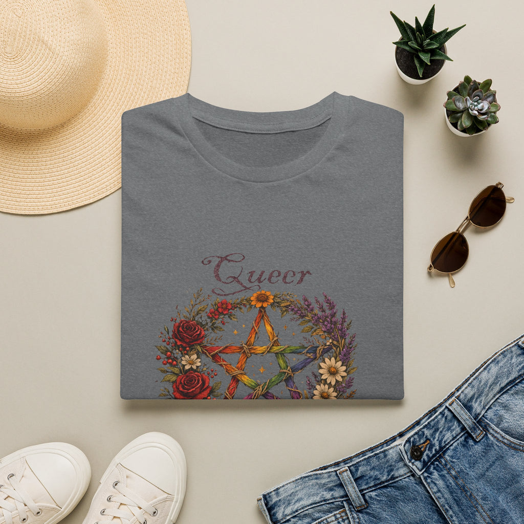 Queer Magic Pentagram T-Shirt | Floral Wreath, Rainbow Pentacle