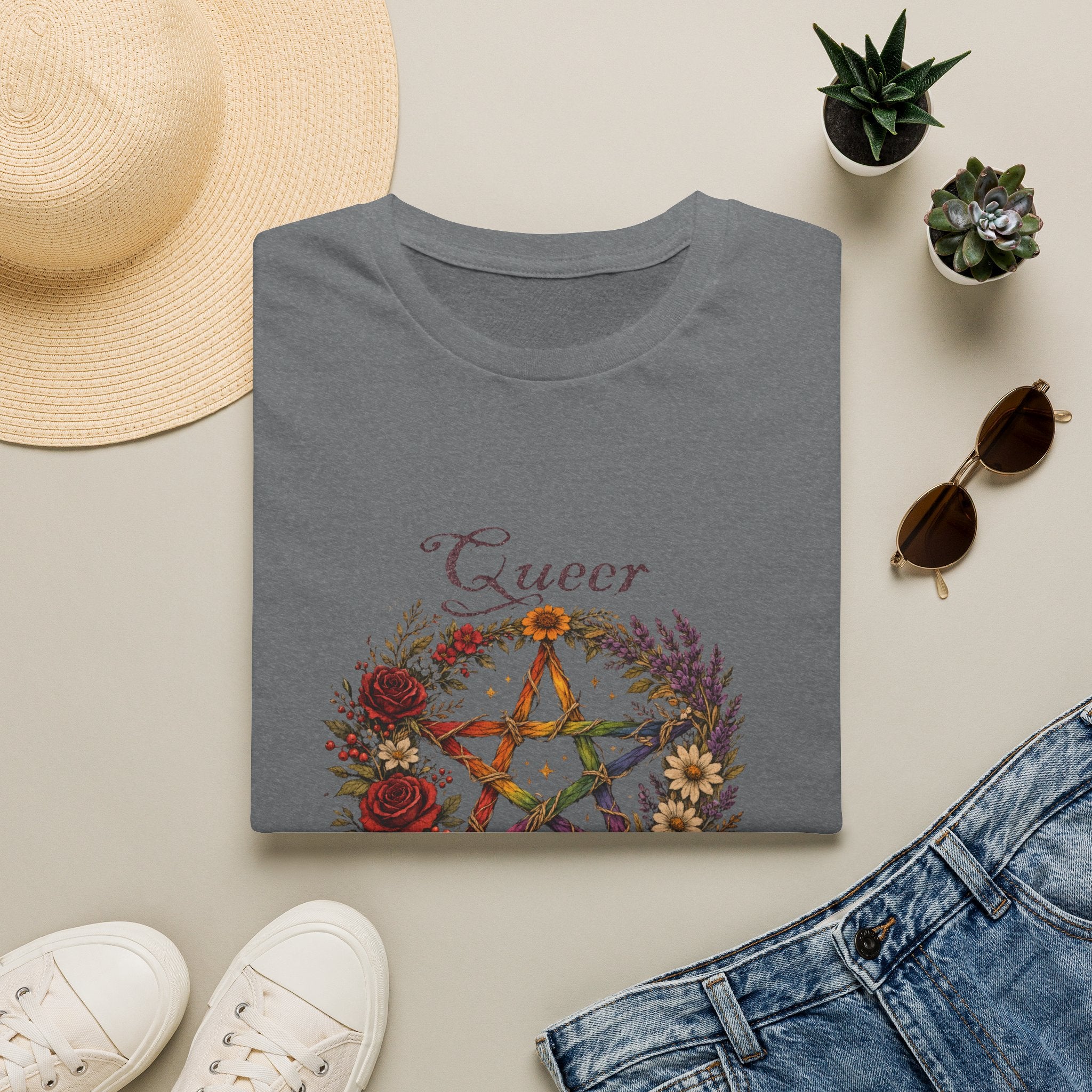 Queer Magic Pentagram T-Shirt | Floral Wreath, Rainbow Pentacle