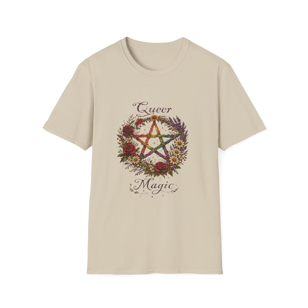 Queer Magic Pentagram T-Shirt | Floral Wreath, Rainbow Pentacle