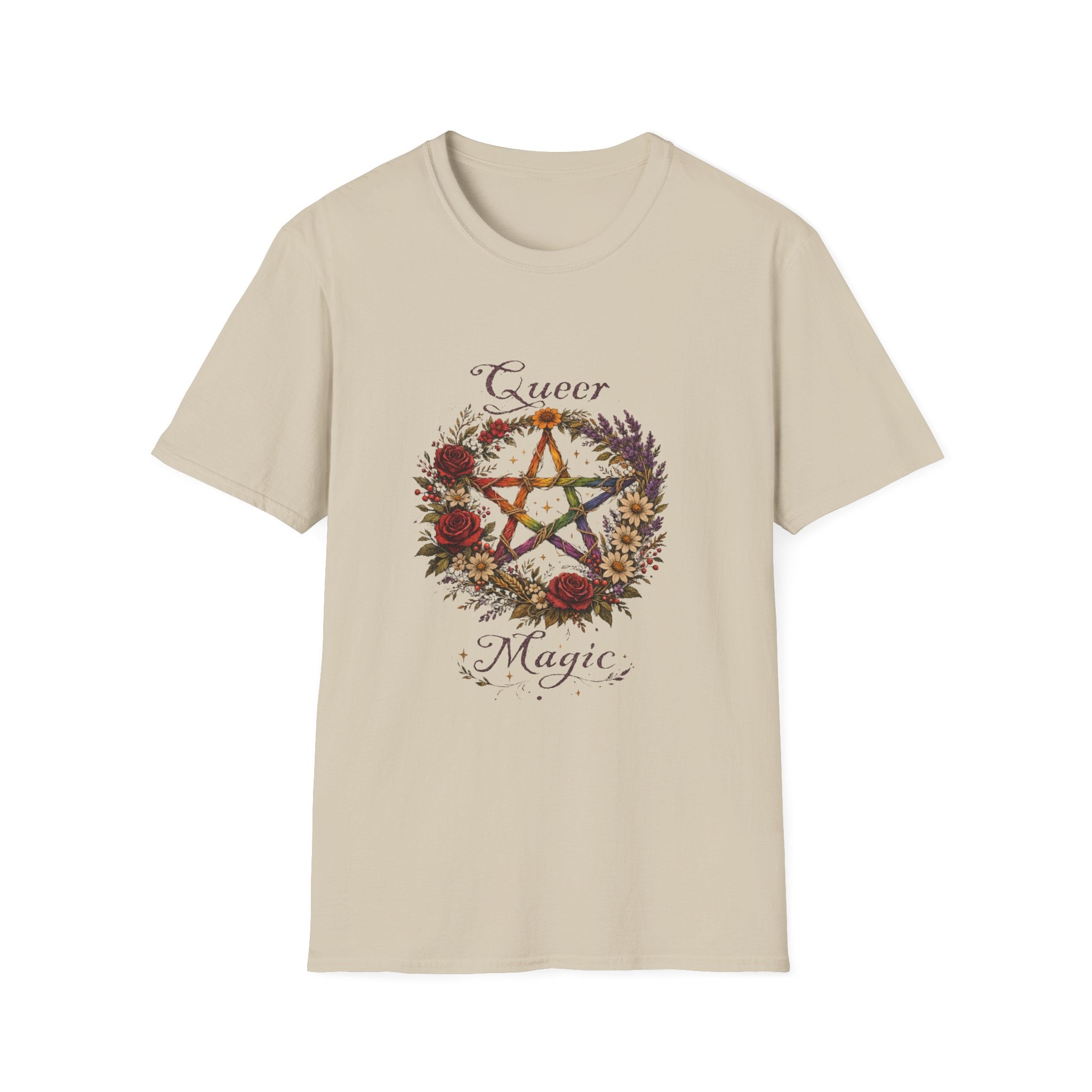 Queer Magic Pentagram T-Shirt | Floral Wreath, Rainbow Pentacle