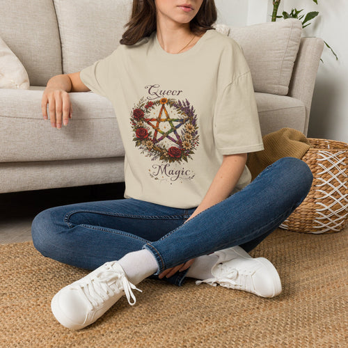 Queer Magic Pentagram T-Shirt | Floral Wreath, Rainbow Pentacle