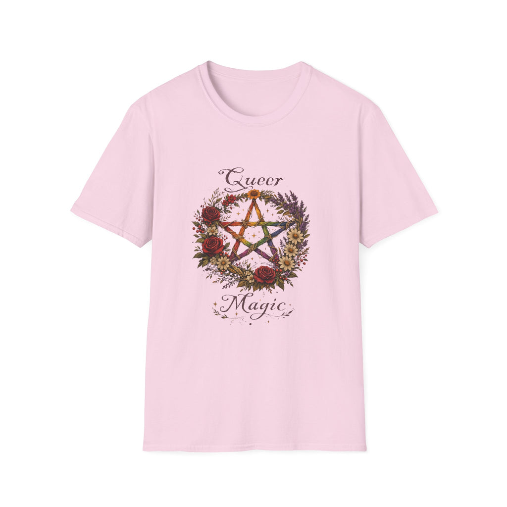 Queer Magic Pentagram T-Shirt | Floral Wreath, Rainbow Pentacle