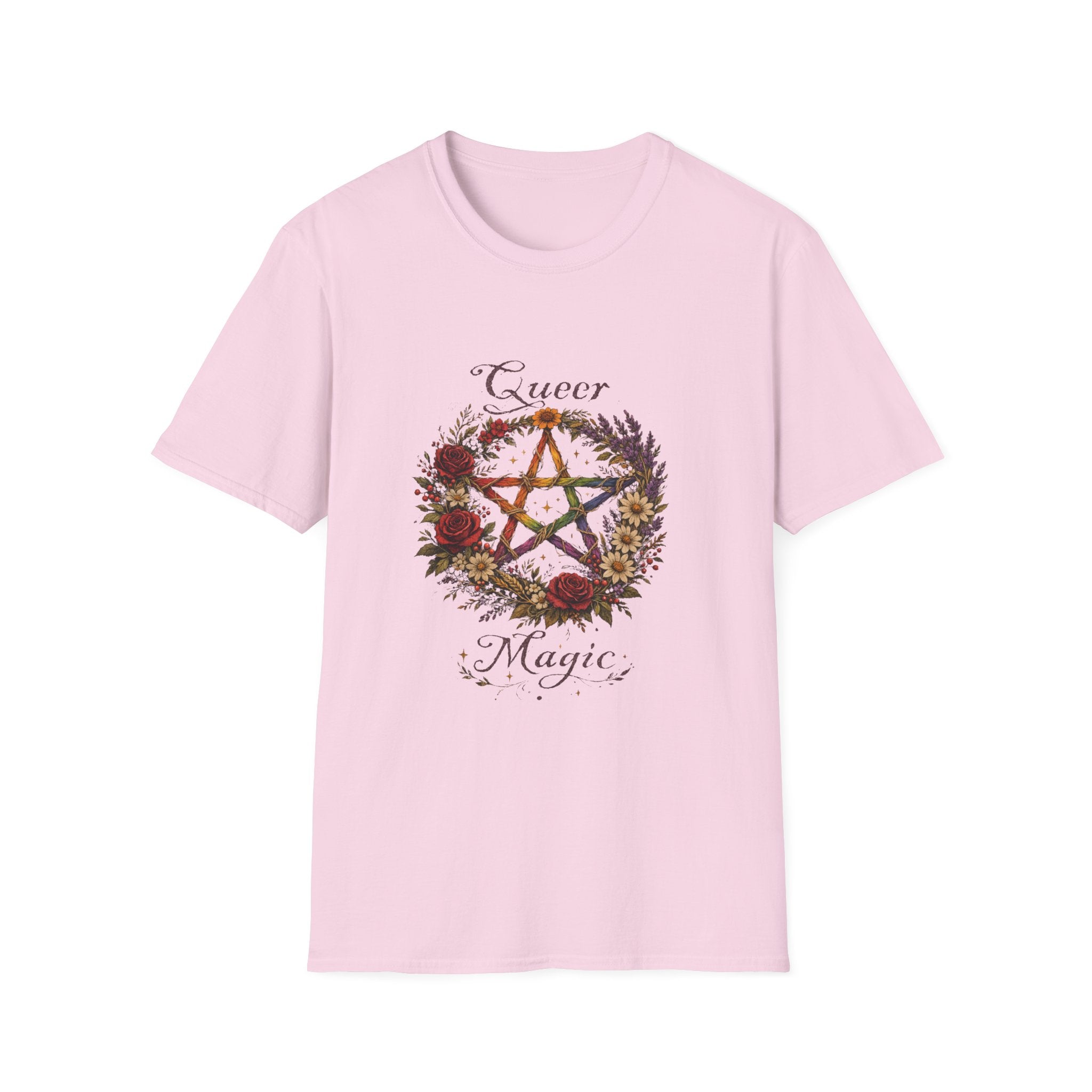 Queer Magic Pentagram T-Shirt | Floral Wreath, Rainbow Pentacle