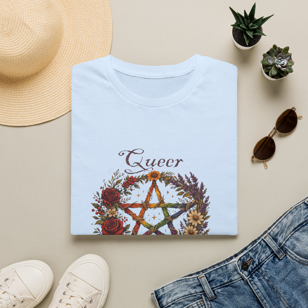 Queer Magic Pentagram T-Shirt | Floral Wreath, Rainbow Pentacle
