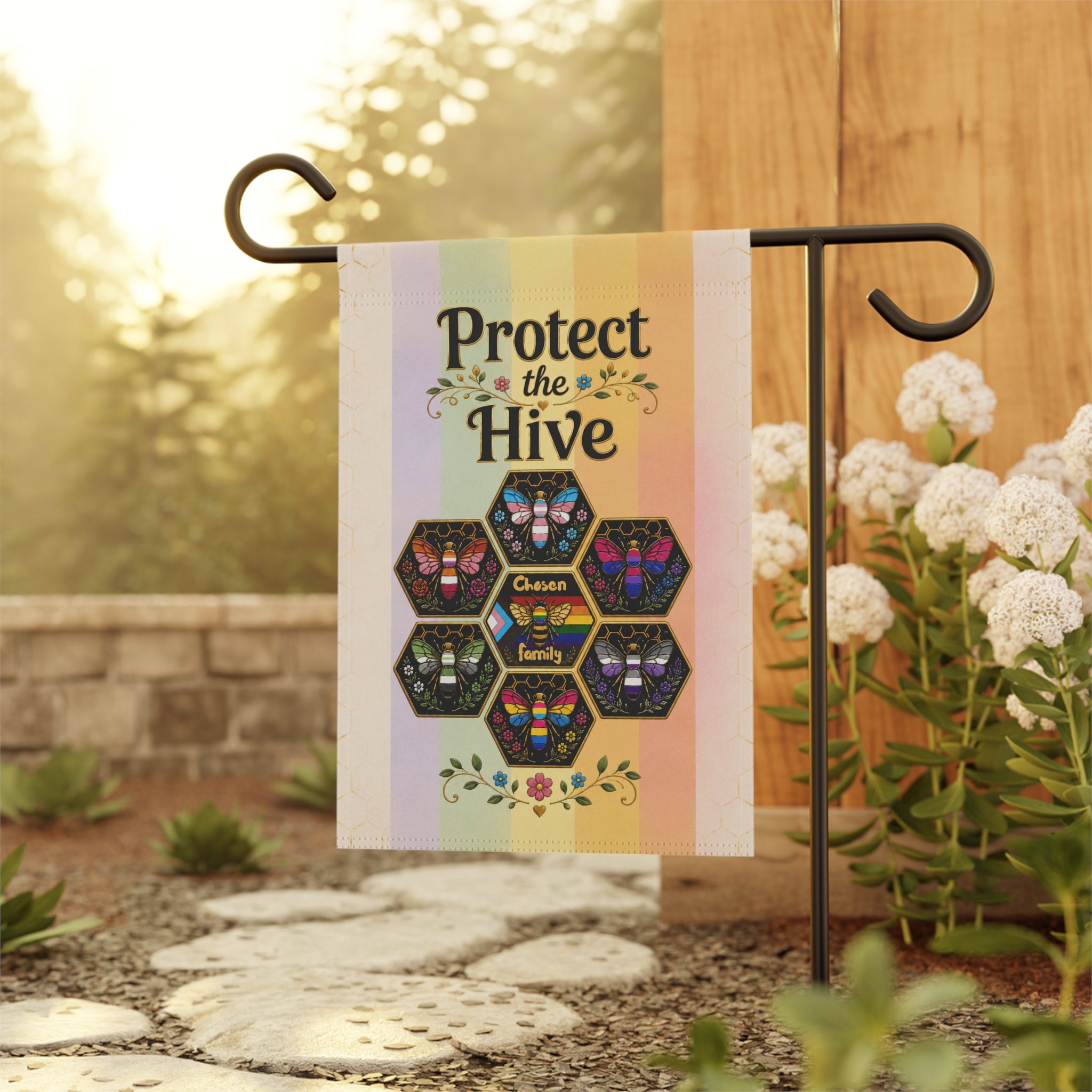 Pride Garden Flag, Bee Garden Flag, Protect the Hive, Chosen Family Decor, Rainbow Outdoor Flag, Cottagecore Yard Decor