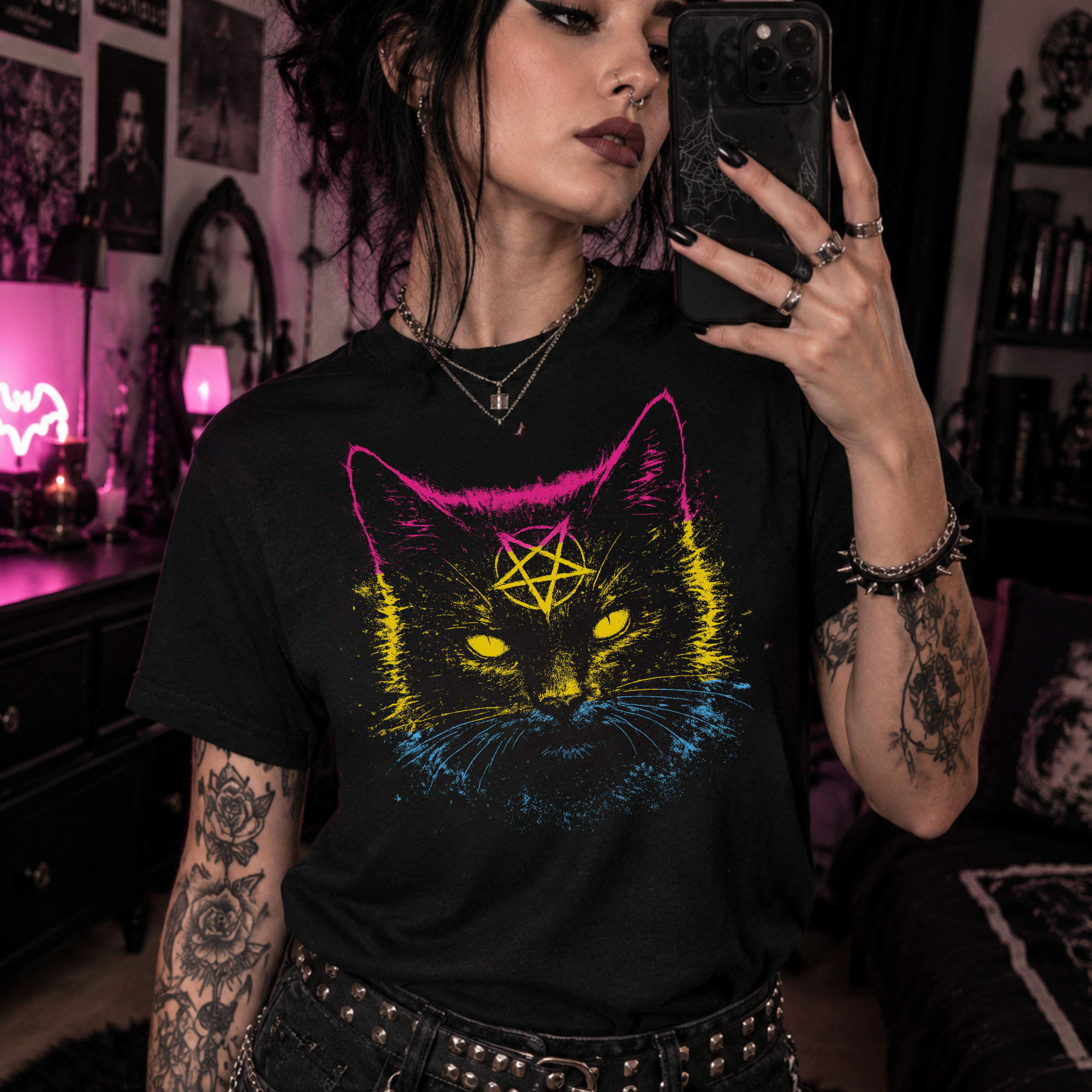 Pansexual Pride Black Cat T-Shirt | Nine Lives. One Pride.