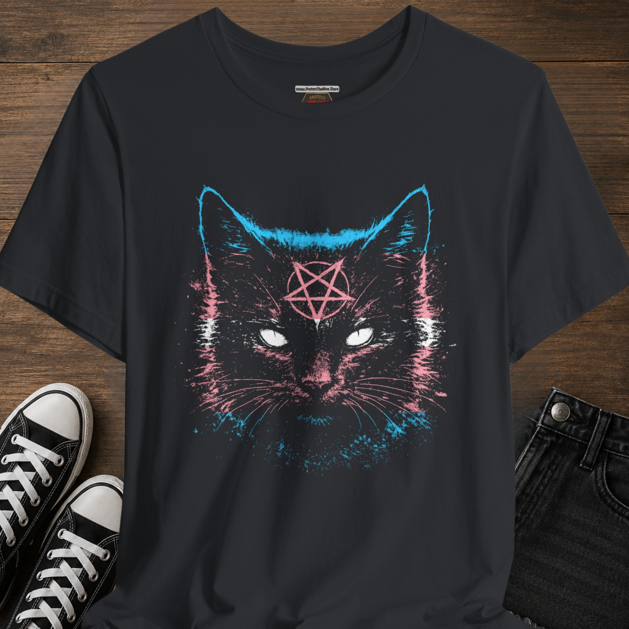 Transgender Pride Black Cat T-Shirt | Nine Lives. One Pride.