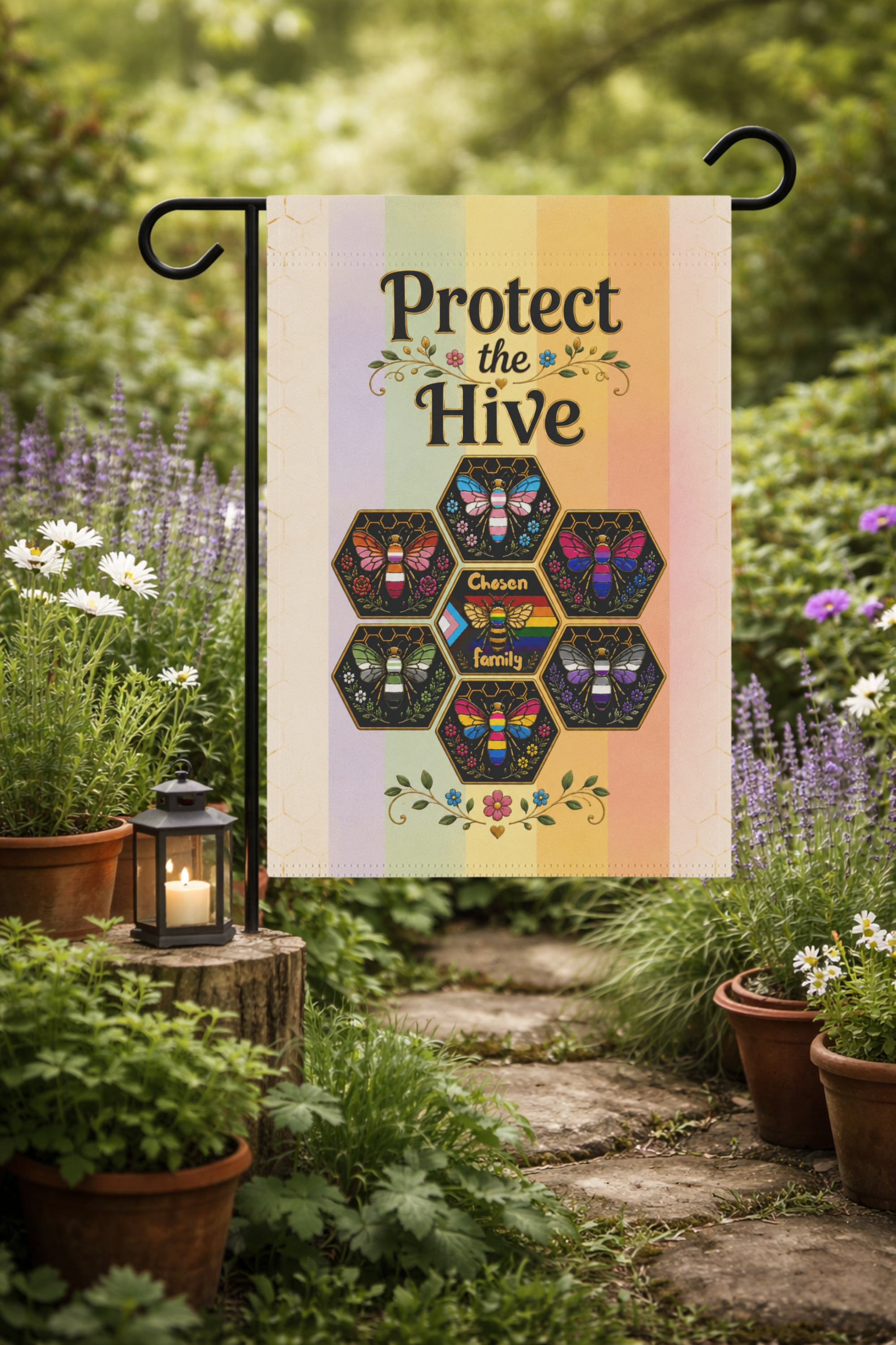 Pride Garden Flag, Bee Garden Flag, Protect the Hive, Chosen Family Decor, Rainbow Outdoor Flag, Cottagecore Yard Decor