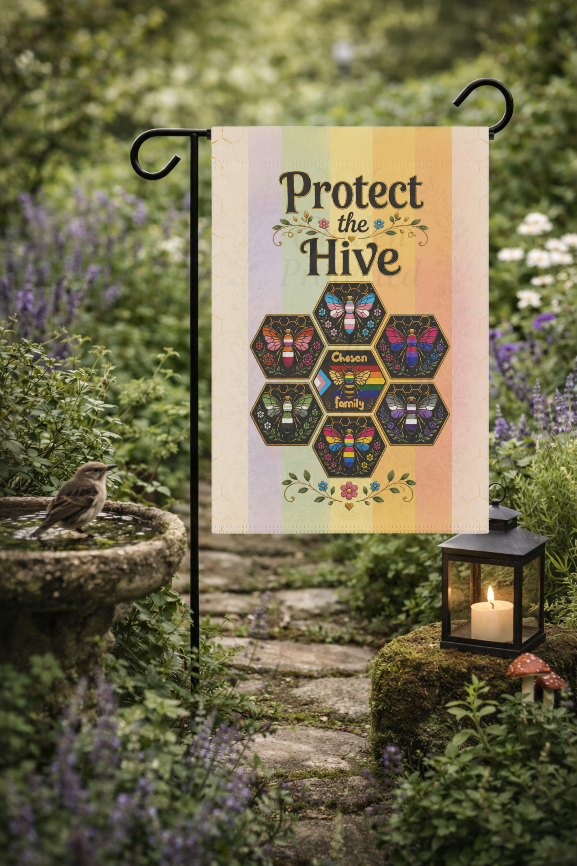 Pride Garden Flag, Bee Garden Flag, Protect the Hive, Chosen Family Decor, Rainbow Outdoor Flag, Cottagecore Yard Decor