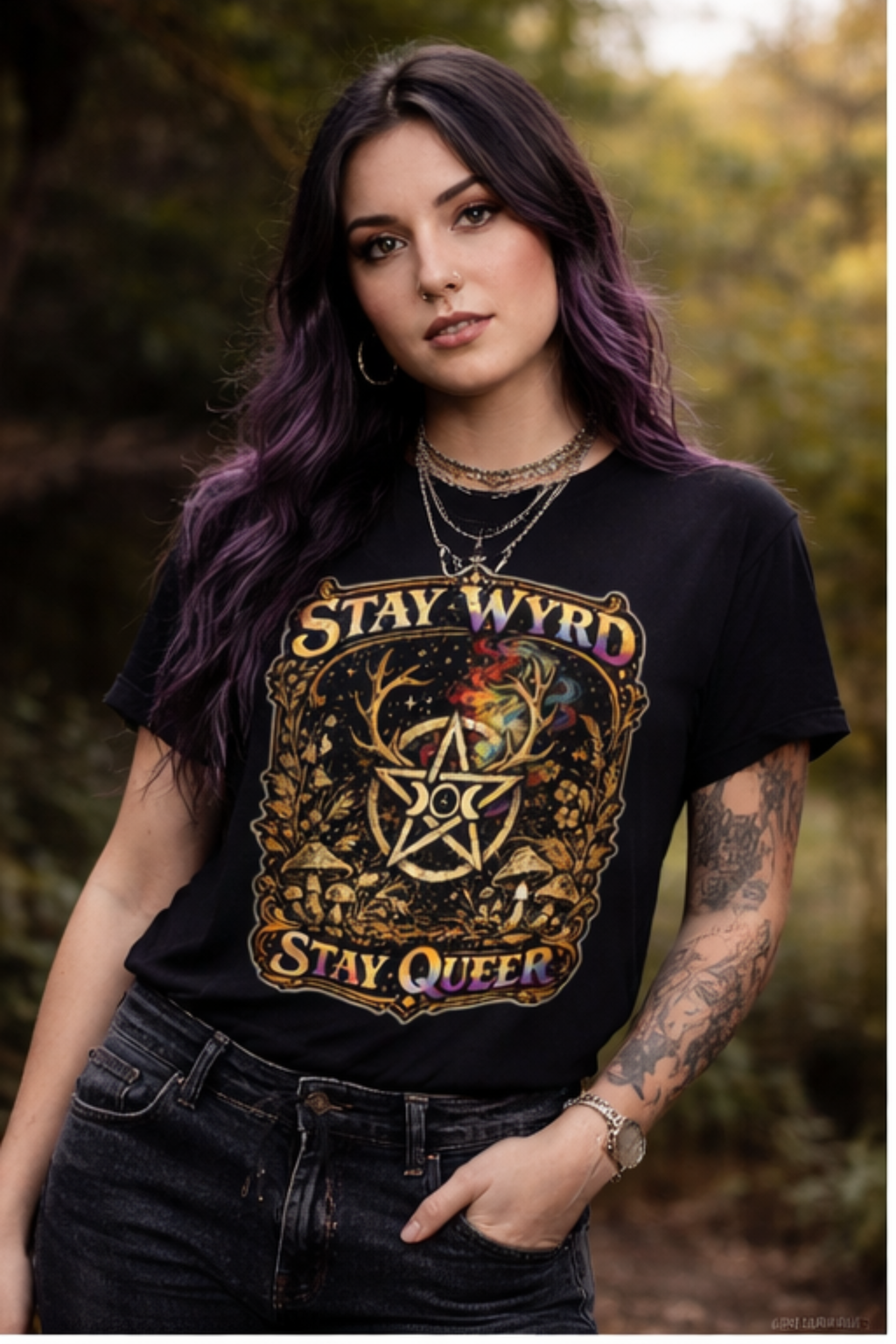 Stay Wyrd Stay Queer pentagram witch design T-Shirt | occult pride tee