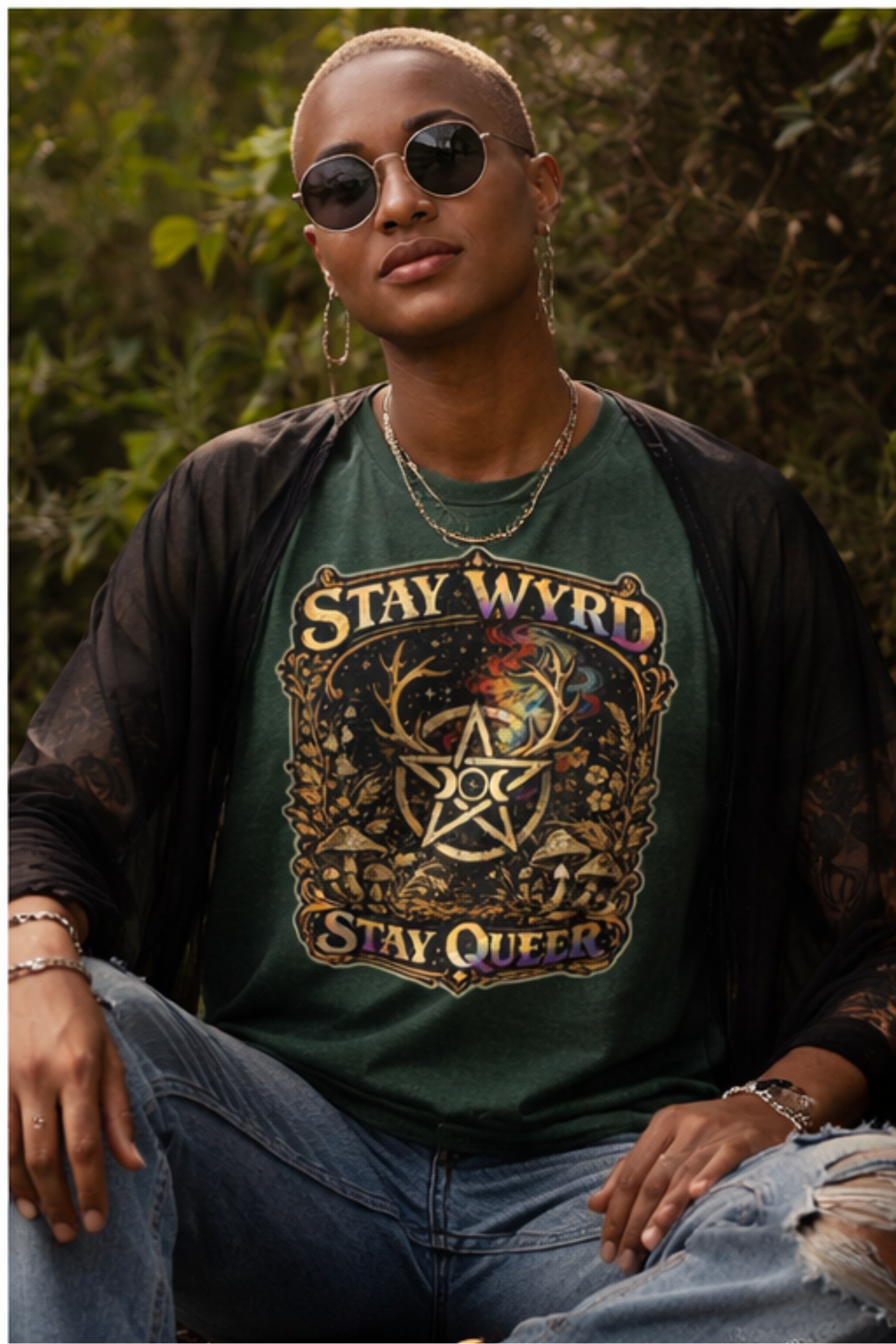 Stay Wyrd Stay Queer pentagram witch design T-Shirt | occult pride tee