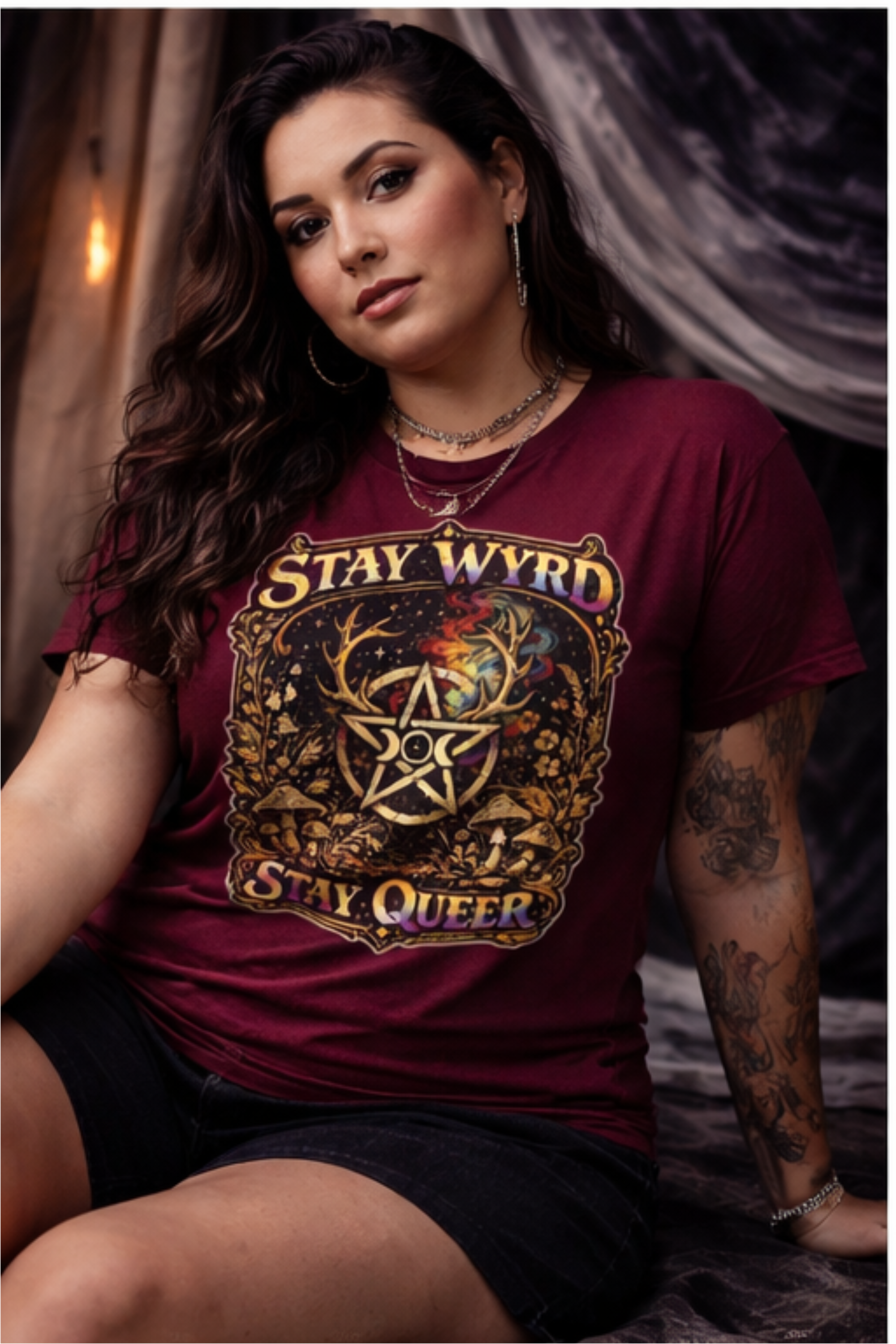Stay Wyrd Stay Queer pentagram witch design T-Shirt | occult pride tee